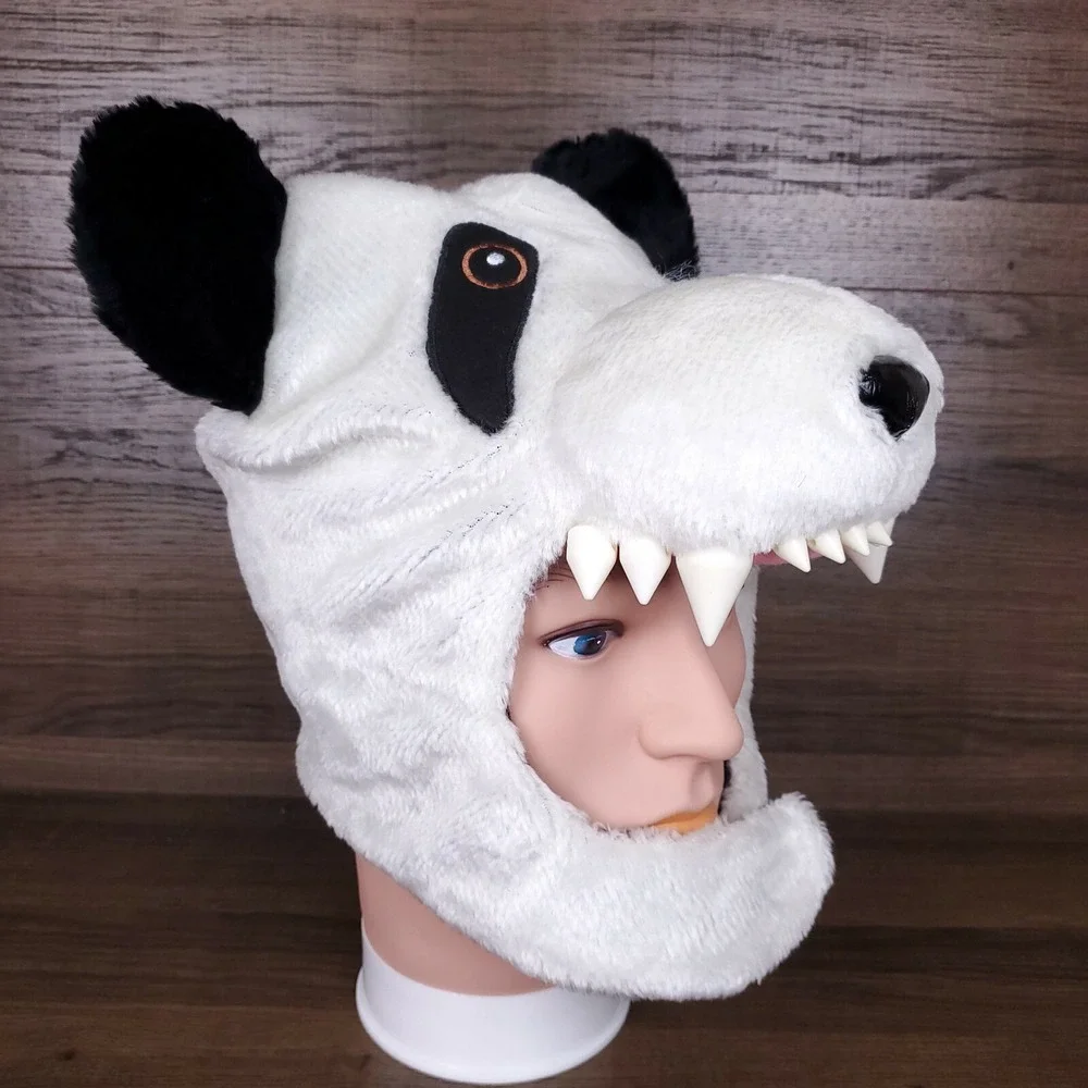 Panda Bear Hood Fur Hat Cap Youth Kids 3D Teeth Ears Nose Chin Strap New